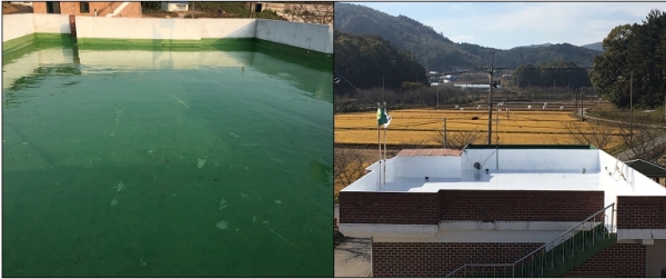 마을 공동시설에 시공한 쿨루프. 좌측이 시공 전, 우측이 시공 후 모습