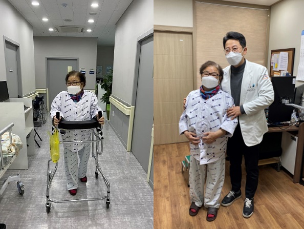 수술 중 회복중인 대상자(왼쪽)과 이정범 마라톤정형외과병원장(오른쪽)