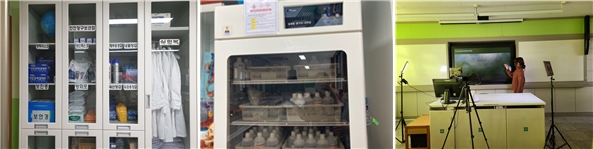 사진 왼쪽부터 교구 및 안전장비, 시약장 이중잠금장치, 원격수업시스템 모습.