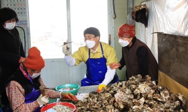 맹정호 서산시장이 5일 지곡면 중왕리에 위치한 굴 작업장을 찾아 주민들과 함께 굴 까기 작업을 하며 애로사항을 청취하는 장면