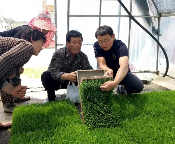 군 농업기술센터의 현장영농교육 모습.
