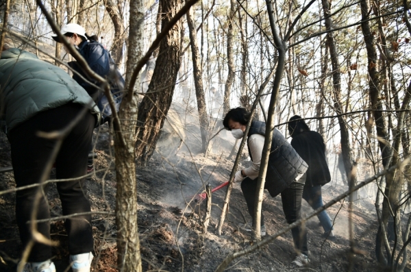 지난 21일 발생한 벌곡면 덕목리 산불 진화를 위해 동원된 소방 인력이 잔불을 처리하고 있다