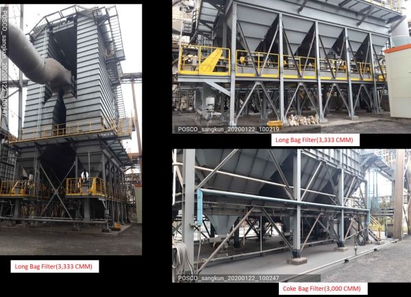 POSCO 광양제철소에 설치된 200,000 m3/hr 실규모 복합재생 Long Bag Filter 집진장치.
