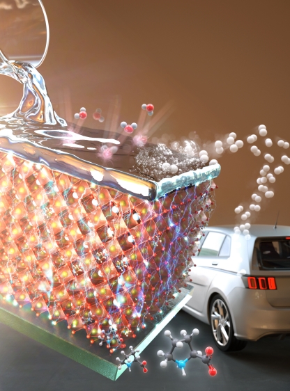 (그림) 페로브스카이트 태양전지를 이용해 제작한 광전기화학소자의 모식도, 페로브스카이트 태양전지에서 생성된 전기를 이용하여 수소를 생산하는 그림