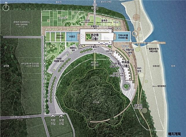 울진해양치유센터 설계공모를 선정하고 11월까지 건축설계도서를 완료할 계획이다(사진은 건축물 배치계획도)