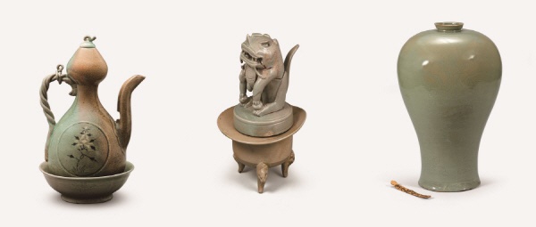 (왼쪽부터) 청자모란연꽃무늬표주박모양주전자와 받침그릇, 청자사자모양 향로,청자연꽃줄기무늬 매병