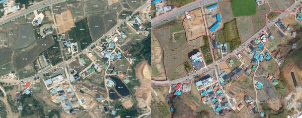 (좌) 기존항공 사진, (우)새로 촬영한 드론 사진