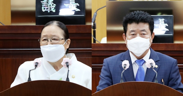 제262회 서산시의회 임시회 제2차 본회의에 앞서 유부곤 의원(왼쪽)과 장갑순 의원이 5분발언을 했다.