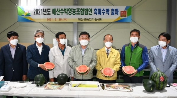 황선봉 군수(가운데)와 관계자들이 흑피수박을 들어보이는 모습