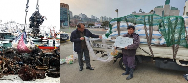 (왼) 나일론어구 (오) 2019년 생분해성 어구 보급 사진
