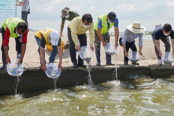 15일 오세현 시장과 어민 등 참석해 아산호에 뱀장어 치어 2만7500여 마리 방류 행사 모습
