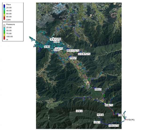 관망해석 모델 및 센서 네트워크 모식도 (정읍시 장명배수구역 관망해석 모델)