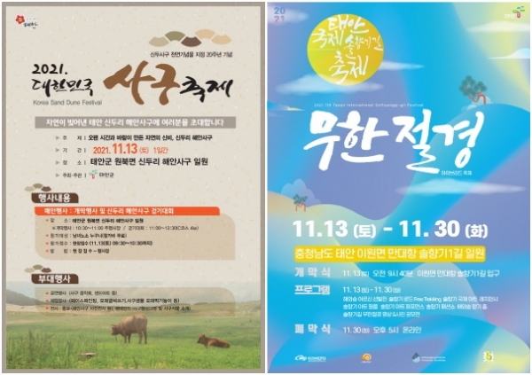 축제 포스터 및 신두사구, 솔향기길 모습.