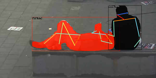 시각지능 딥뷰가 CCTV에 촬영된 사람의 다양한 자세를 인식하여 쓰러진 사람을 탐지하고 있다.