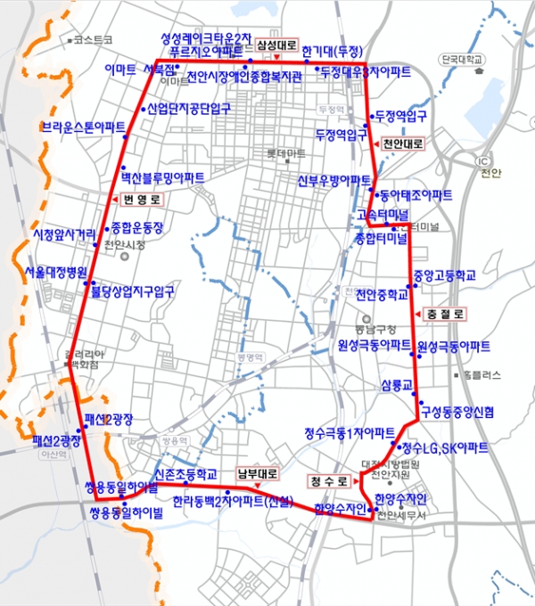1. 운행 노선도 및 정류장   시계방향 : 18개소, 반시계방향 : 16개소