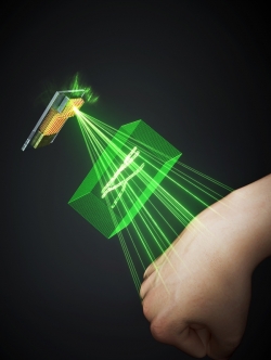 향후 바이오 응용 홀로그램 모식도. 근적외선 영역의 정보인 혈관정보를 촬영하여 3D홀로그램으로 구현한 모습.