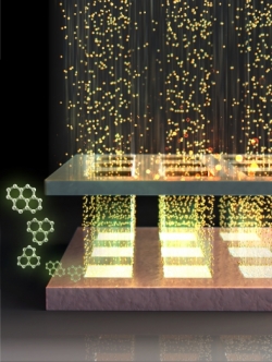 이온빔을 조사해 아래 그래핀 양자점을 만드는 과정을 표현한 모식도