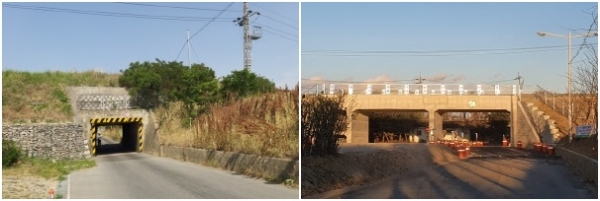 괴동선 효자역과 괴동역 사이에 위치한 상도철도교(경북 포항시 소재) 개량 공사 전, 후 모습