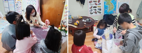 지난 7일 드림스타트 가정에서 아동통합사례관리사가 치아 건강관리 교육을 하는 모습