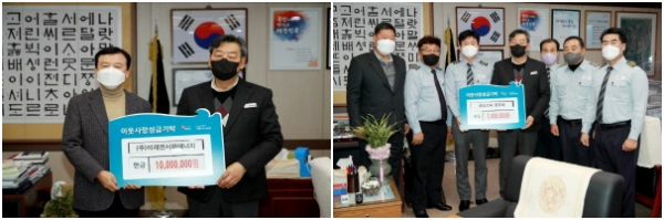 성금 및 쌀 기탁/(좌) 미래엔서해에너지, (우)충남고속 동무회