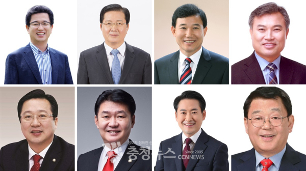 대전시장 출마 예상자. (왼쪽 위부터) 허태정 대전시장(민), 장종태 서구청장(민), 박용갑 중구청장(민), 정기현 대전시의원(민), 이장우 전 국회의원, 정용기 전 국회의원, 장동혁 유성갑 당협위원장, 박성효 전 대전시장.