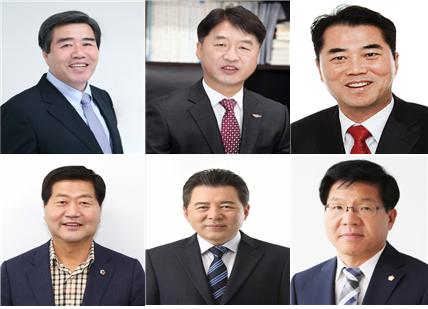 (왼쪽위부터 시계방향) 김동일 보령시장, 이교식 전 서천부군수, 황석순 대천고 총동문회장, 이영우 충남도의원, 김기호 전 후보, 김한태 충남도의원