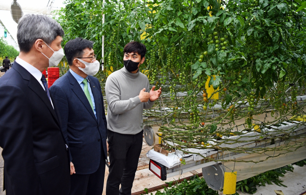 하랑영농조합법인 방문 현장 사진  * 한국농수산식품유통공사 김춘진 사장(가운데), 하랑영농조합법인 허정수 대표(우측1번째)
