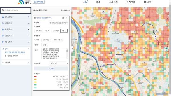 대덕e로움 매출현황 분석화면(붉은 색 일수록 매출이 높음)