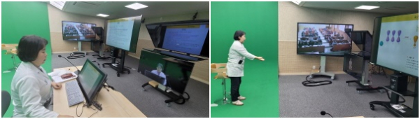 (좌)을지대학교 대전캠퍼스 강의실과 연결된 의정부캠퍼스 스튜디오 현장./ (우)을지대학교 의정부캠퍼스 스튜디오에서홀로그램을 통한 교수의 강의 모습.