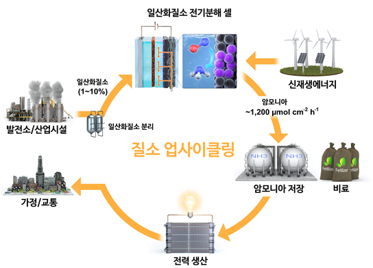 일산화질소를 암모니아로 업사이클링하는 과정을 보여주는 모식도
