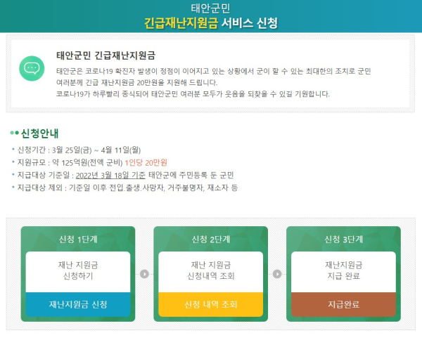 태안군 재난지원금 온라인 신청 페이지