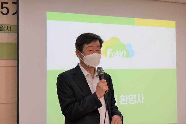 이창재 한국산림복지진흥원장이 6일 대전 서구 둔산동 한국산림복지진흥원 본원 대회의실에서 열린 ‘제5기 산림복지 국민기자단 발대식’에서 환영사를 하고 있다