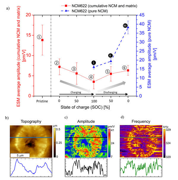 NCM622 양극재의 충방전 상태에 따른 나노스케일 전기 화학적 변형 현미경의 진폭 변화 외