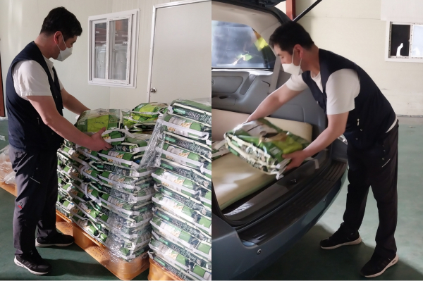 경로당에 지원할 친환경 쌀 배송 준비 장면