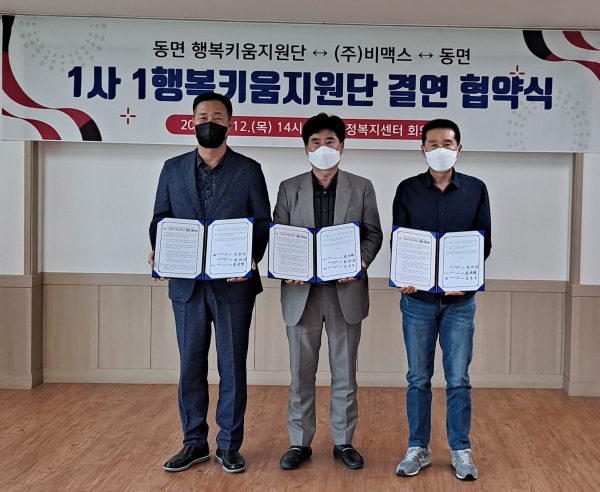 1사1행복키움지원단 동면-행복키움지원단-비맥스 업무협약식 체결 모습