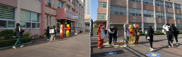 학생자치회 선도부 학생들이 인형 탈을 쓰고 ‘학생 등교 맞이’를 하는 모습