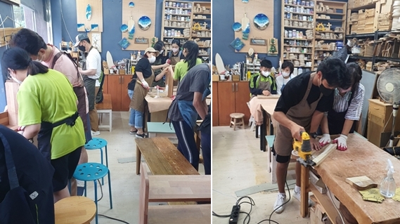 대전 신성동 목공체험소에서 목공체험하는 성덕중 학생들