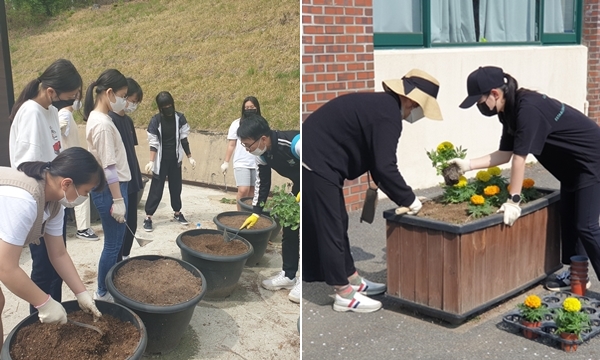 성덕중 화단가꾸기 및 꽃심기 활동 모습