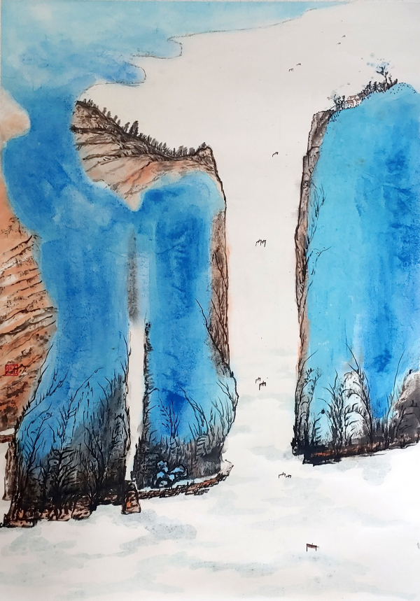 협곡(峡谷), 화선지에 채묵, 69×116㎝. 2022.