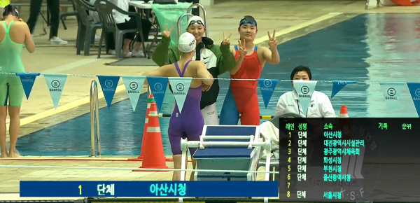 단체전에 출전한 아산시 수영팀 선수들