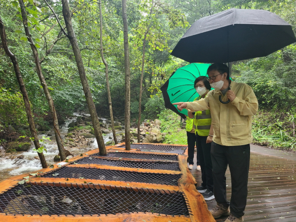 최재성(우측) 한국산림복지진흥원 부원장이 13일 집중호우로 인한 피해 예방을 위해 국립산림치유원(경북 영주시 봉현면)을 찾아 고객 이용시설에 대한 안전 점검 모습