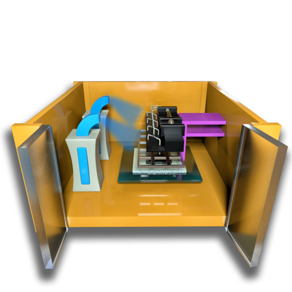 단일-노즐 및 다중-노즐 방식(4x2 다중분기 구성)의 전기분무 코팅 장비의 개념도