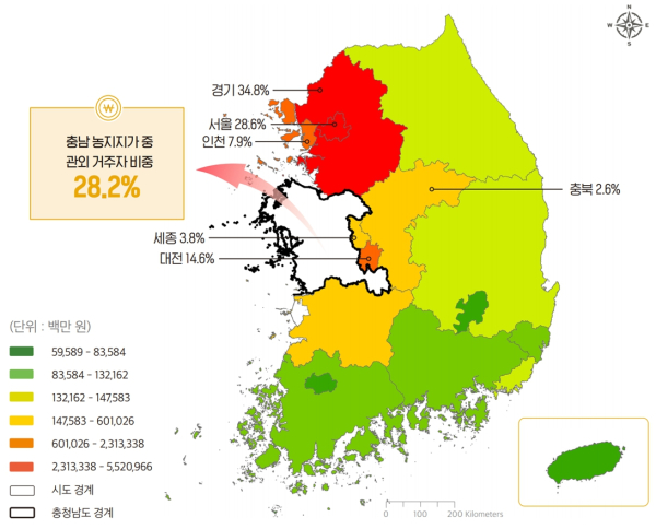 관외 거주자 소유의 충청남도 농지지가 분포도