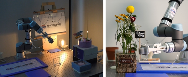 한국기계연구원이 개발한 그리퍼가 파티 준비를 위한 성냥 불을 붙이고(왼쪽), 꽃꽂이를 하는 모습