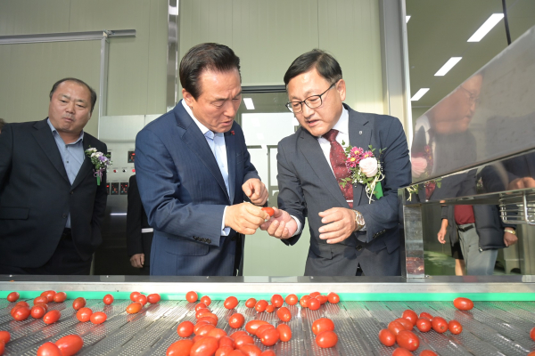 백성현 논산시장이 딸기유통활성화 가공시설을 둘러보고 있다.