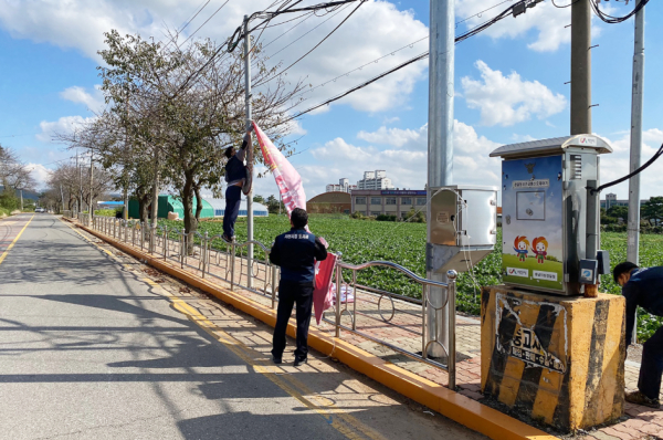 서산시청 불법현수막 단속반이 현수막을 제거하고 있다