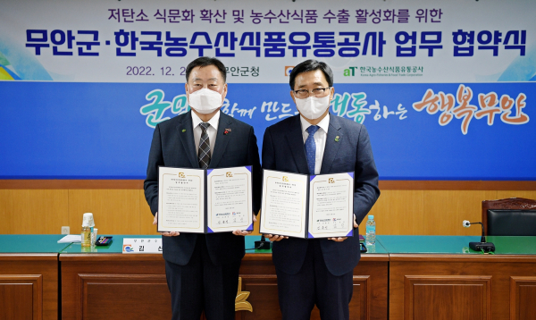 한국농수산식품유통공사-무안군 업무협약 * 한국농수산식품유통공사 김춘진 사장(우측), 김산 무안군수(좌측)