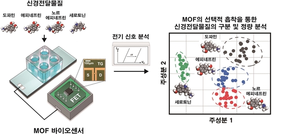 MOF가 도입된 반도체 기반 바이오센서의 구조(왼쪽)와 바이오센서를 활용하여 신경전달물질을 전기적 신호 패턴을 통해 구분한 결과(오른쪽)