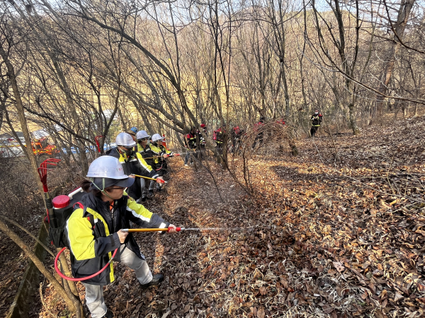 지난 17일 대덕구 장동산림욕장에서 진행된 ‘유관기관 합동 산불 진화 훈련’에서 합동훈련단이 가상의 시나리오를 토대로 산불 진화를 하고 있다.