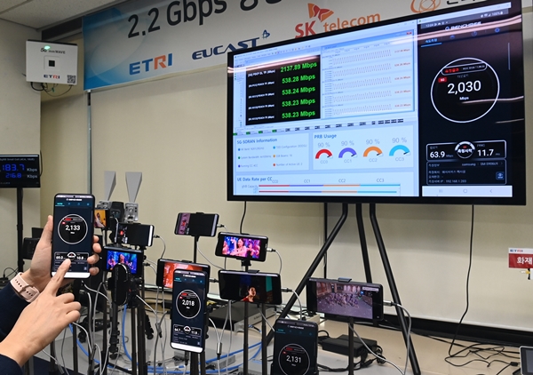 ETRI 연구진이 개발한 5G 스몰셀 상용 SW 기술로 2Gbps가 넘는 통신속도를 구현하는 모습